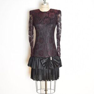 vintage 80s dress black lace drop waist tiered short prom party cocktail XS S